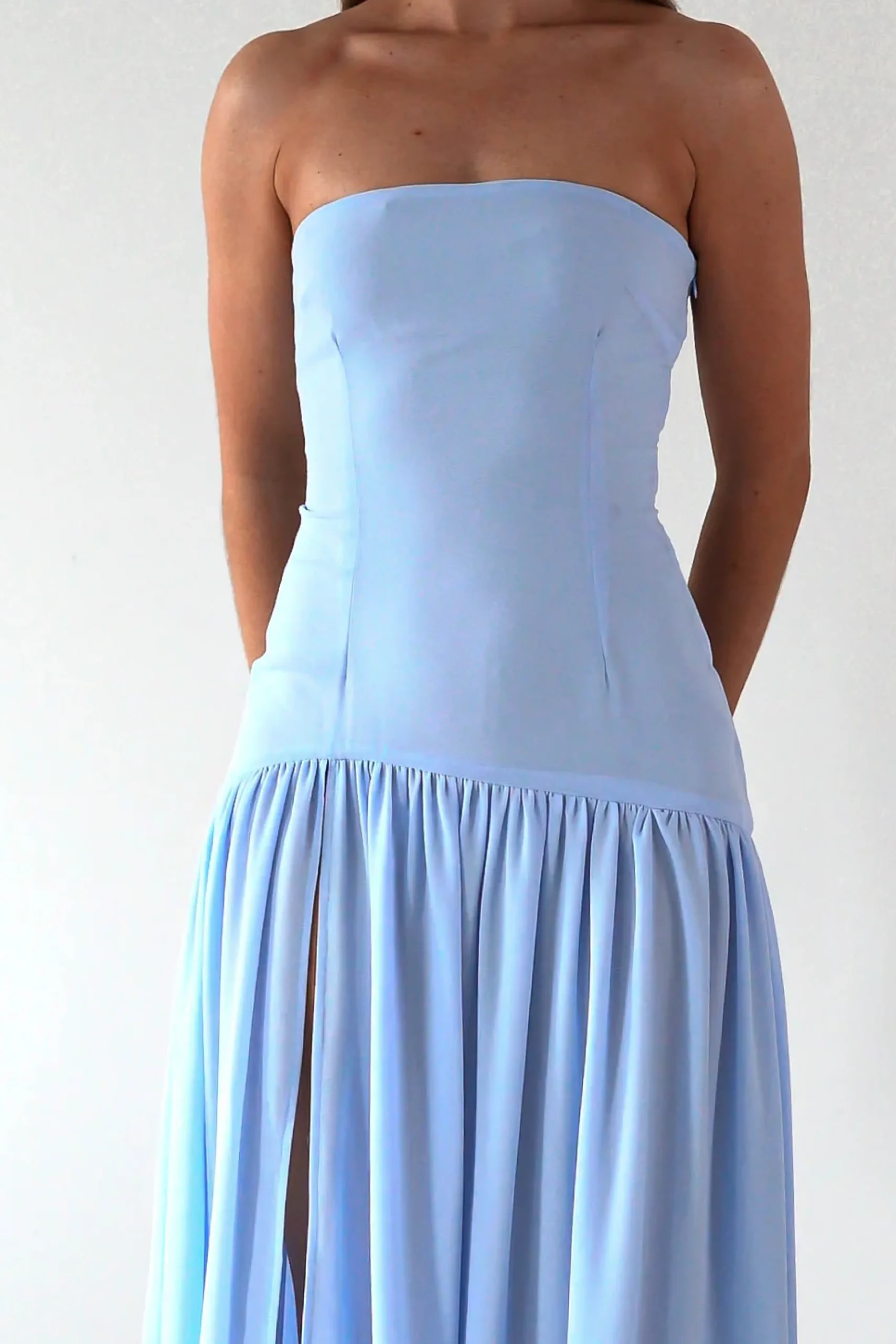 Hot Polinna Strapless Chiffon Maxi Dress | Blue Lange Kleider|Maxikleider