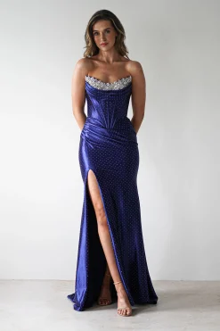 Online Pranvera Embellished Micro Crystal Gown | Dusty Navy Ballkleider|Ballkleider
