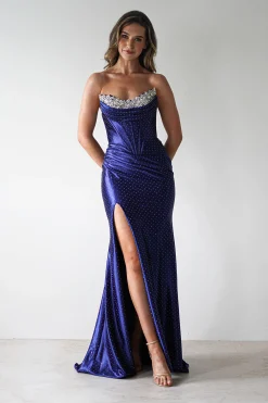 Online Pranvera Embellished Micro Crystal Gown | Dusty Navy Ballkleider|Ballkleider