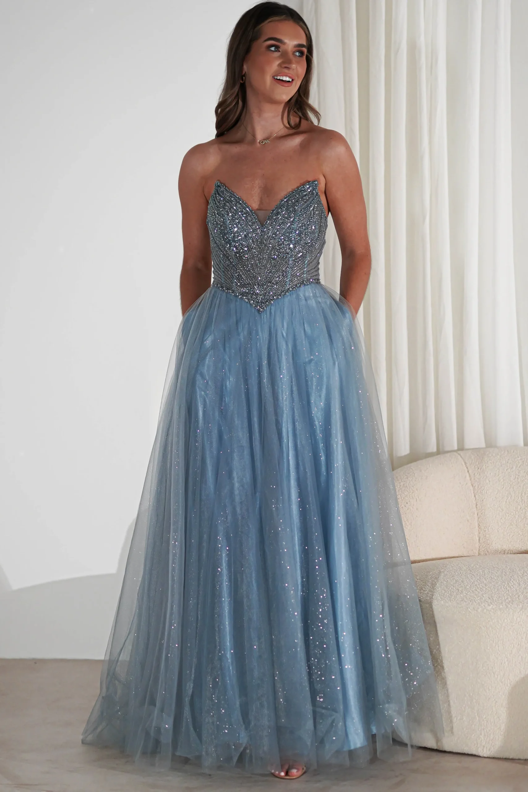 Clearance Priscilla Princess Glitter Gown | Dusty Blue Sommerkleider|Sommerkleider