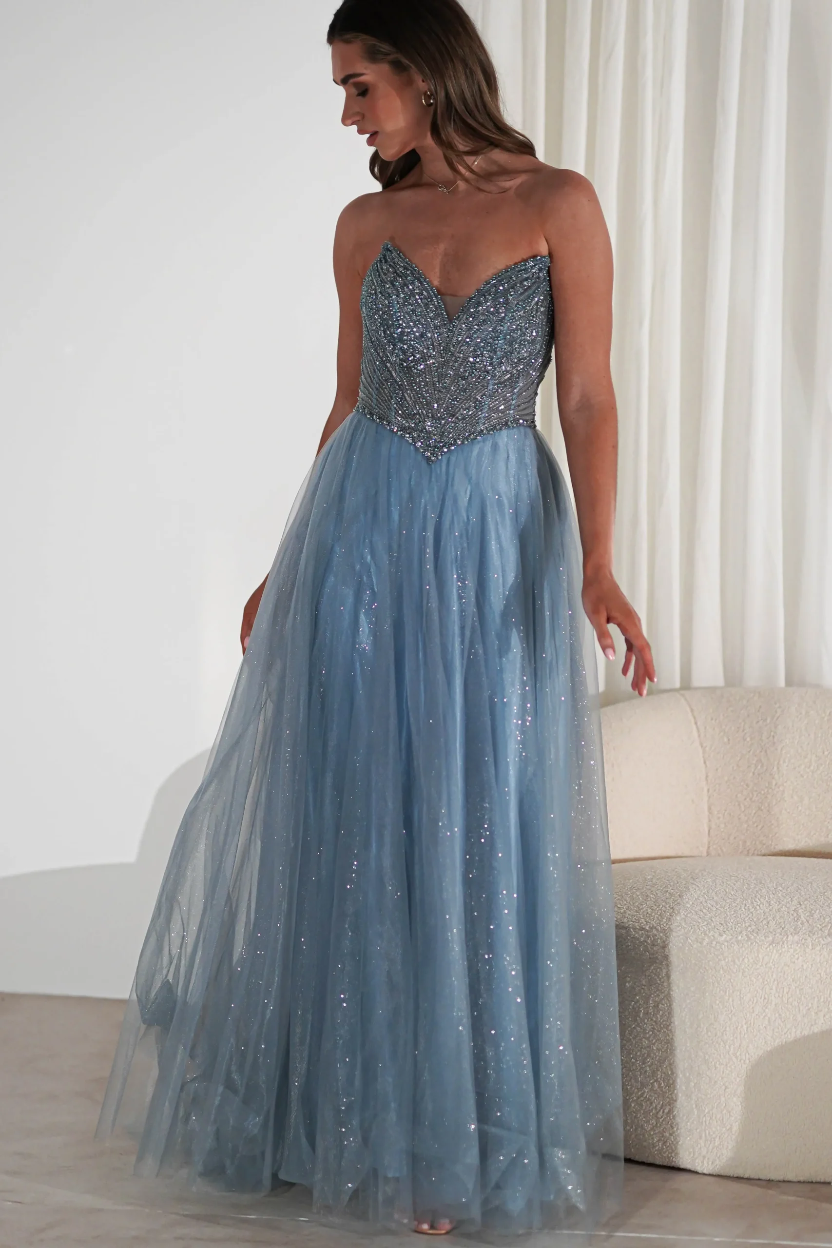 Clearance Priscilla Princess Glitter Gown | Dusty Blue Sommerkleider|Sommerkleider