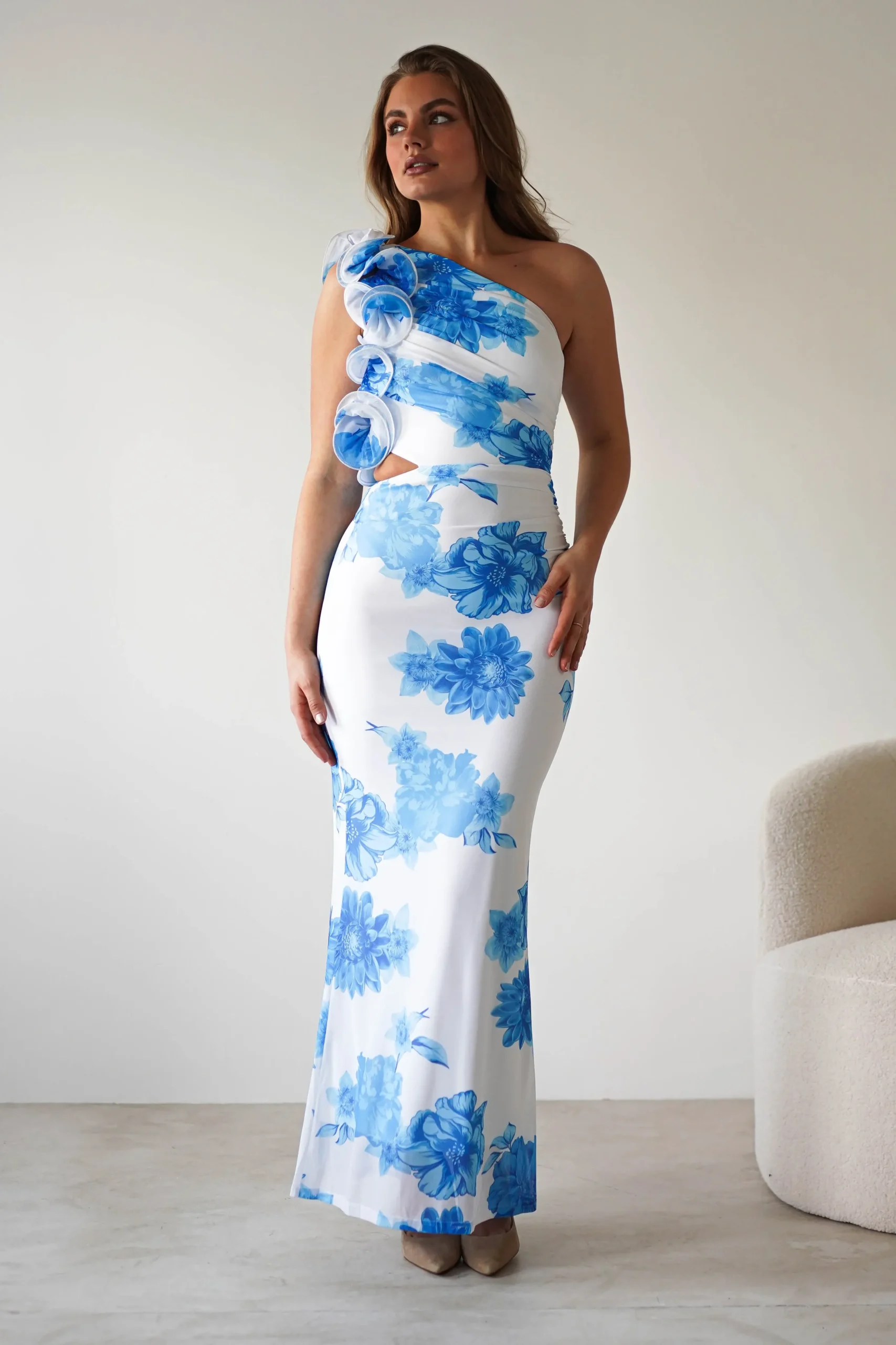 Online Rhia Ruffle Floral Maxi Dress | Blue/White Lange Kleider|Maxikleider