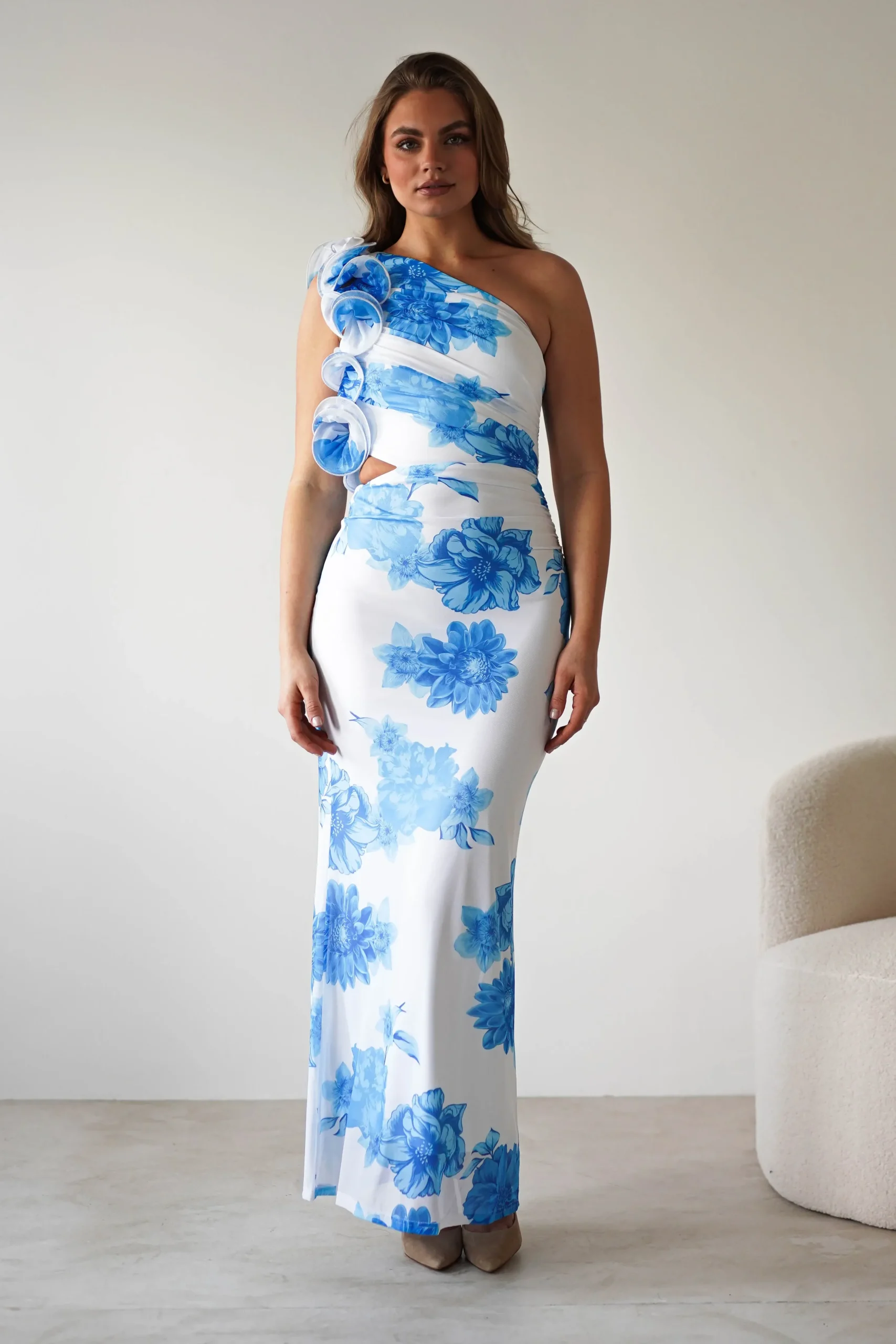 Online Rhia Ruffle Floral Maxi Dress | Blue/White Lange Kleider|Maxikleider