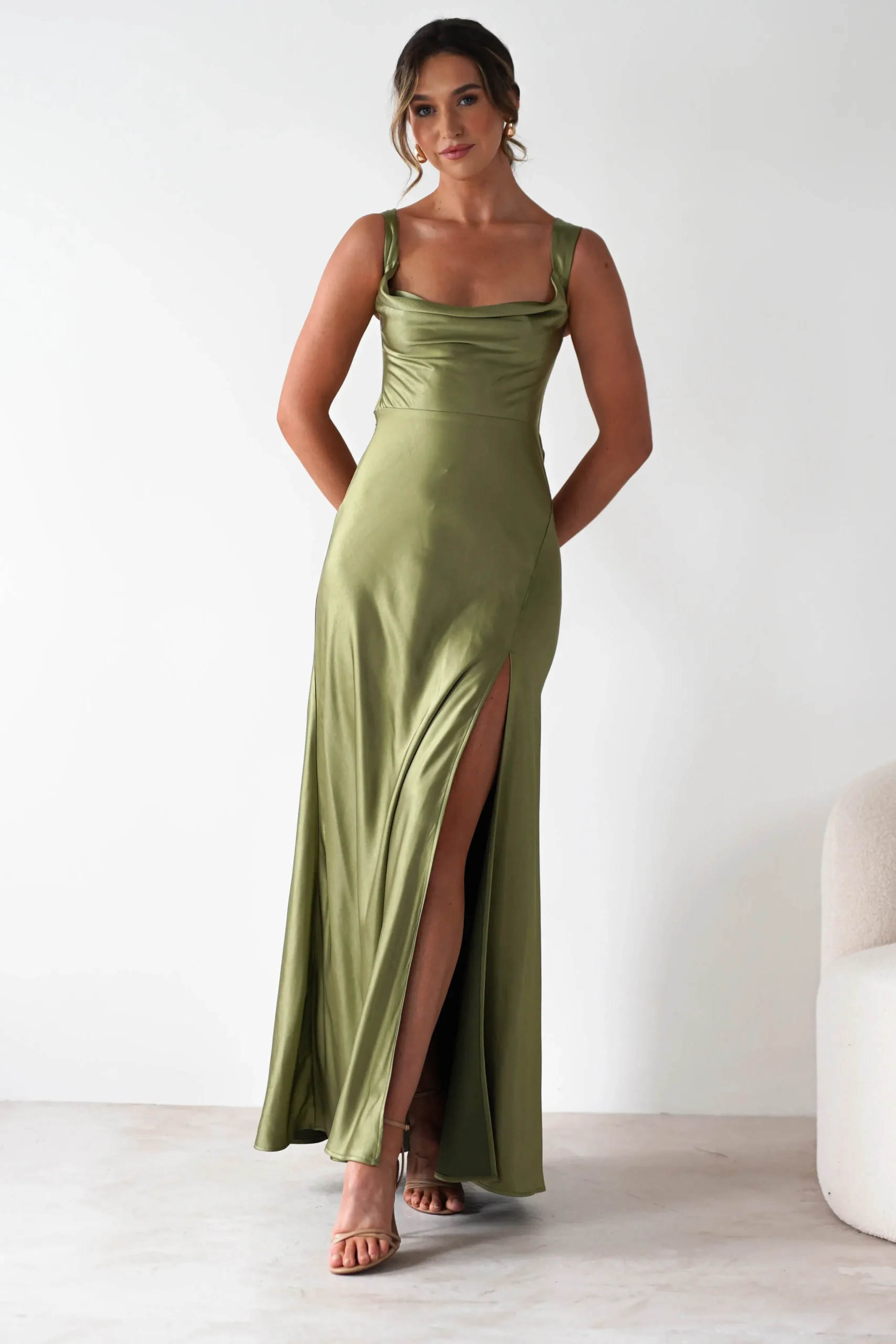 Outlet Riviera Soft Satin Maxi Gown | Olive Lange Kleider|Maxikleider