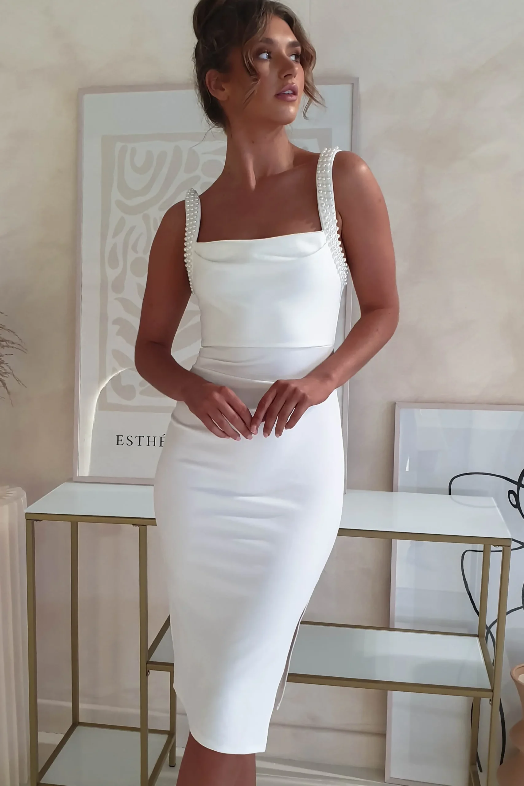 Online Salena Pearl Detail Bodycon Midi Dress | White Mittellange Kleider|Midi-kleider