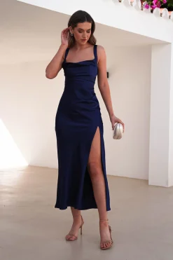 Clearance Salma Soft Matte Satin Midaxi Dress | Navy Mittellange Kleider|Midi-kleider