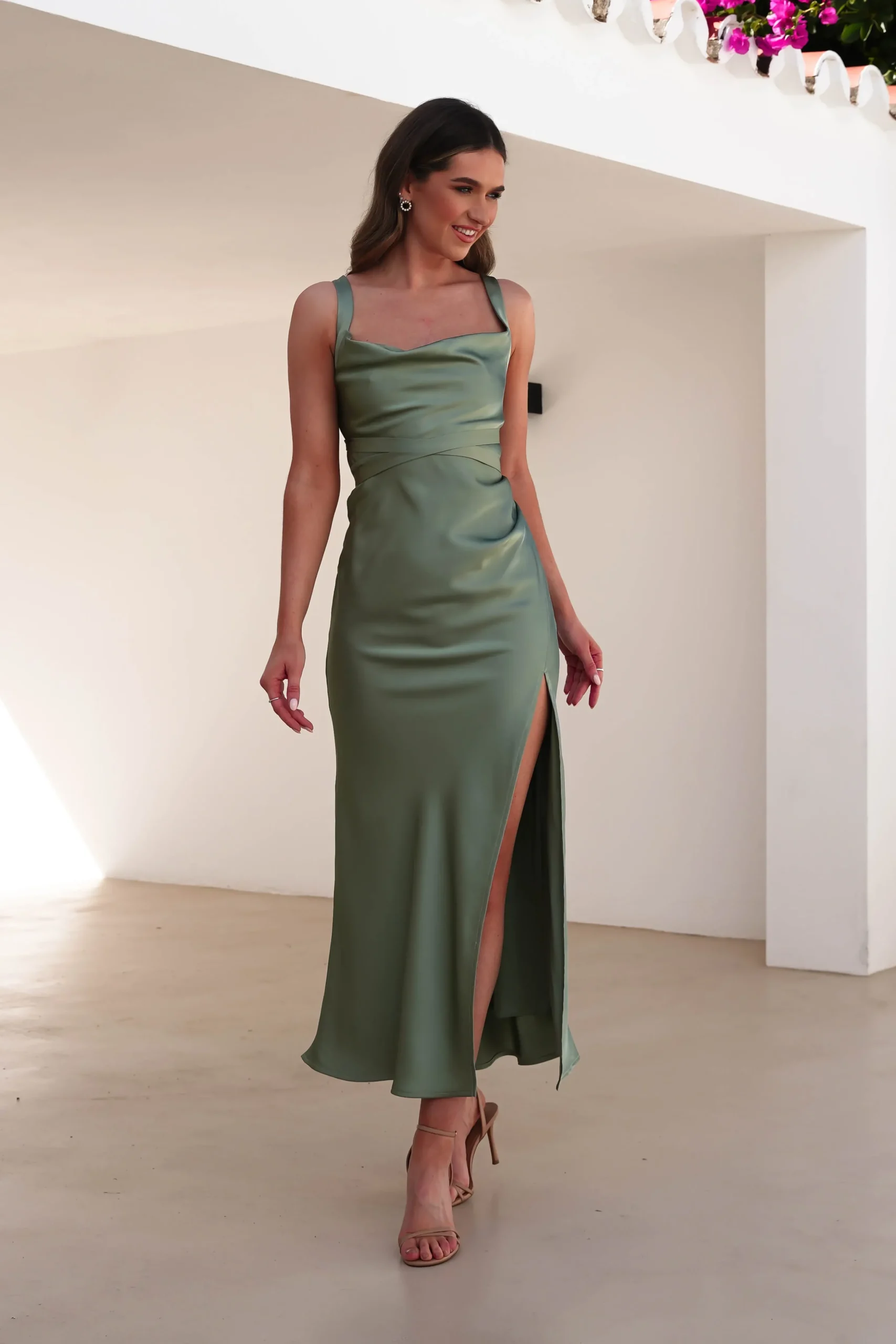 Hot Salma Soft Matte Satin Midaxi Dress | Olive Lange Kleider|Maxikleider