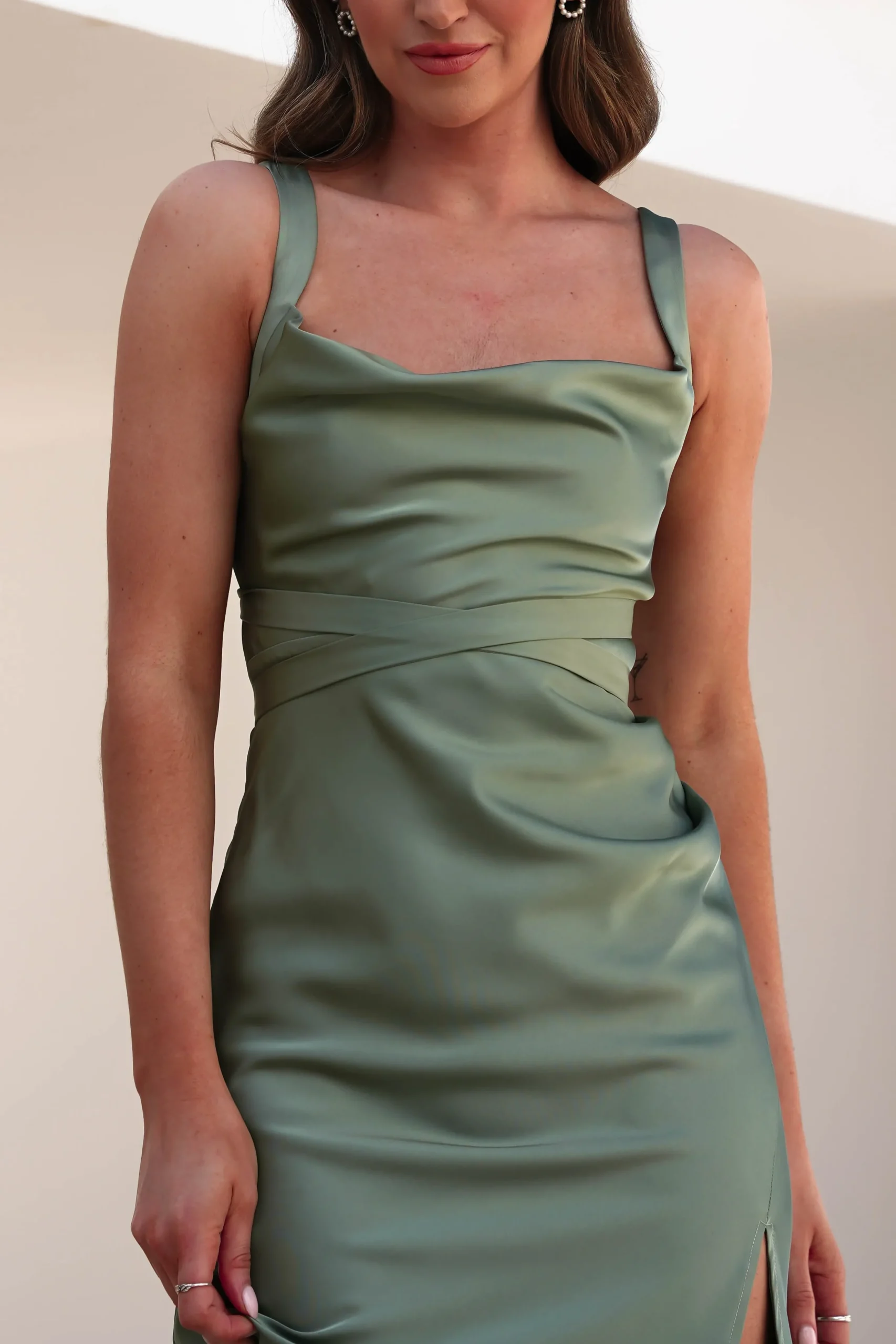 Hot Salma Soft Matte Satin Midaxi Dress | Olive Lange Kleider|Maxikleider