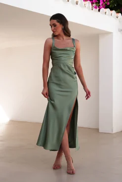 Hot Salma Soft Matte Satin Midaxi Dress | Olive Lange Kleider|Maxikleider