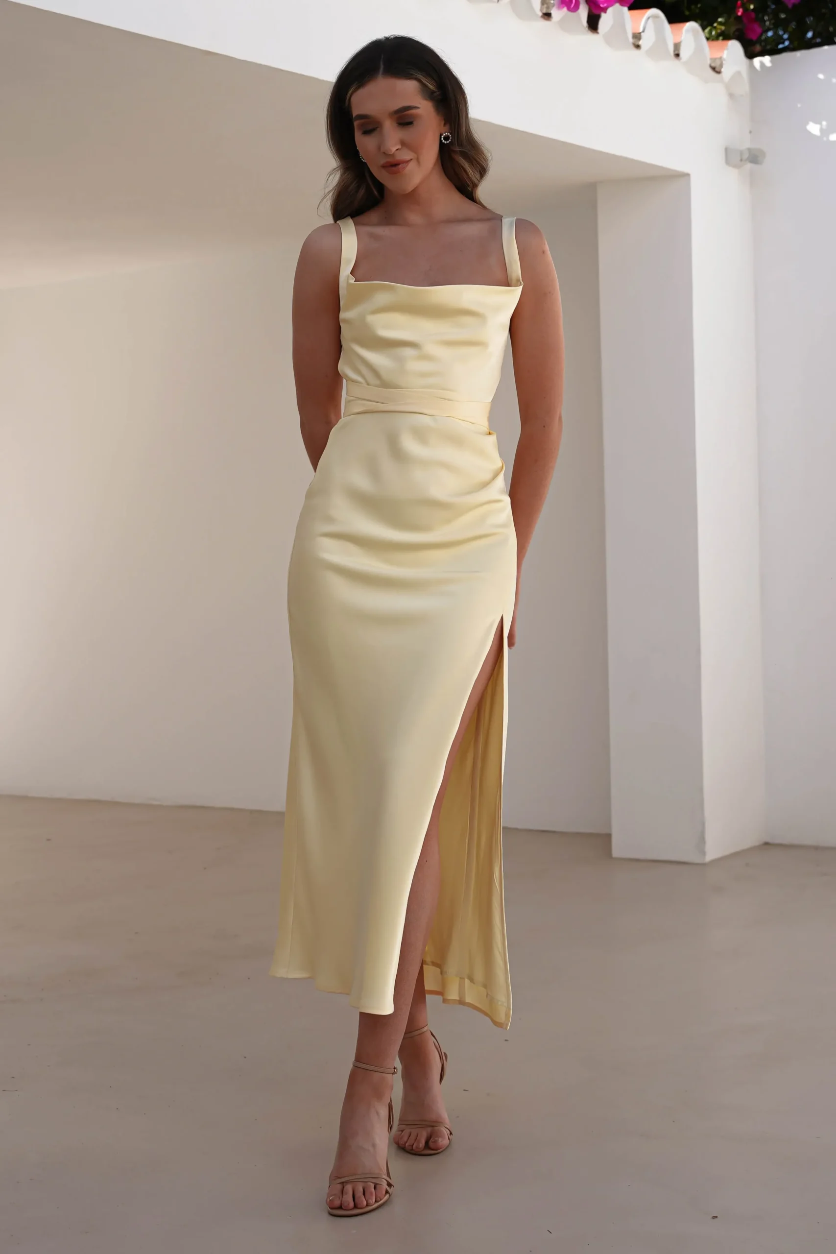 Online Salma Soft Matte Satin Midaxi Dress | Yellow Lange Kleider|Maxikleider