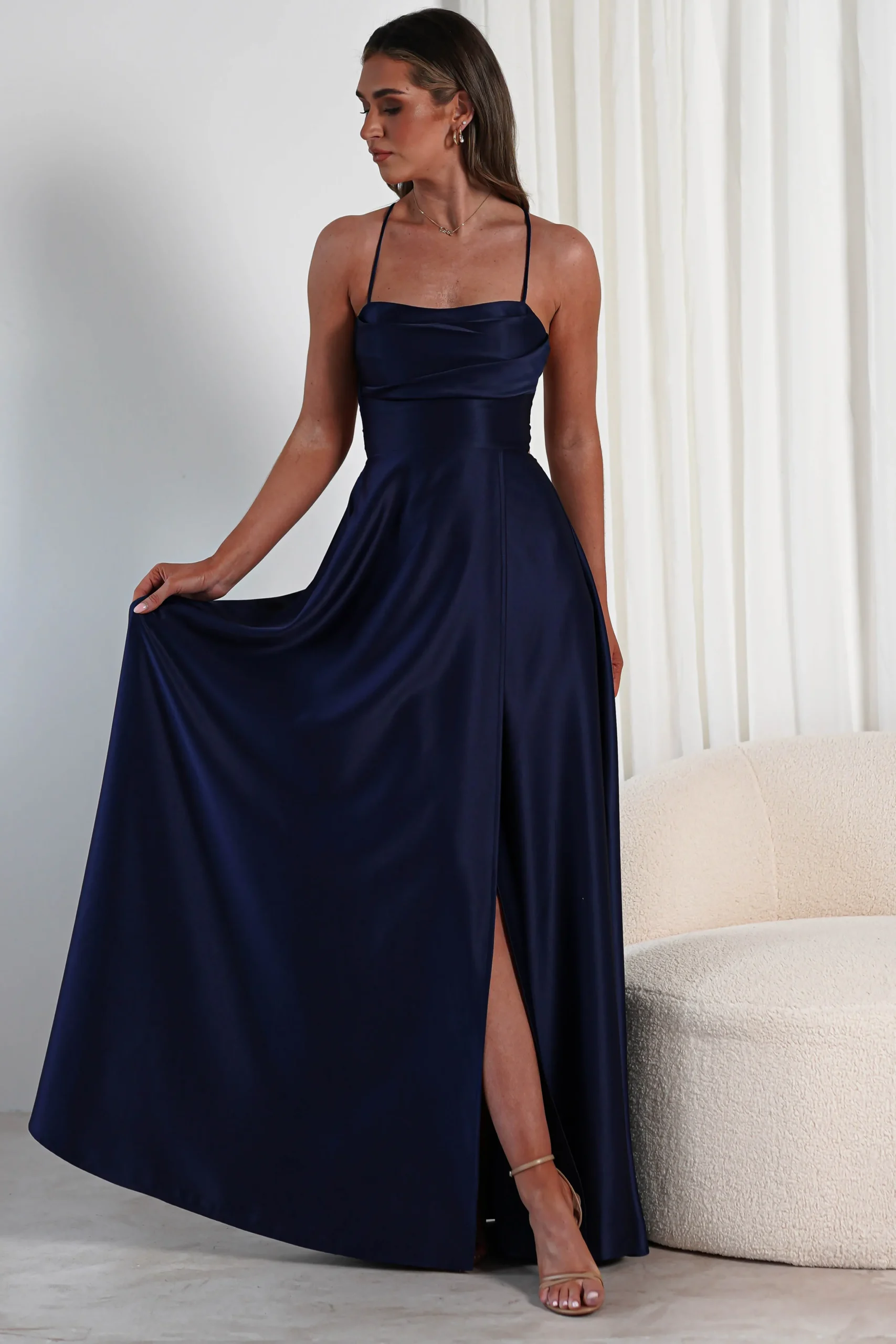 Hot Shantal Satin Gown | Navy Sommerkleider|Sommerkleider