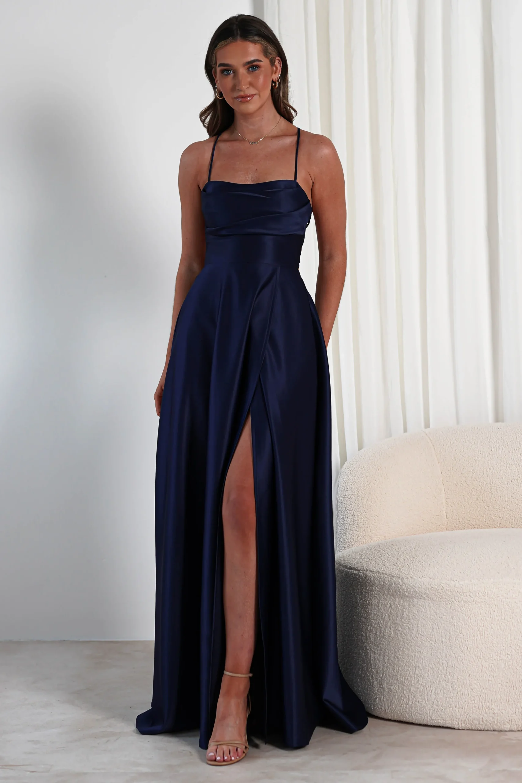 Hot Shantal Satin Gown | Navy Sommerkleider|Sommerkleider