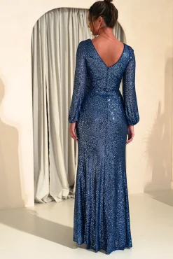 Hot Sharley Sequin Long Sleeve Gown | Lapis Blue Kleider Für Besondere Anlässe|Sommerkleider