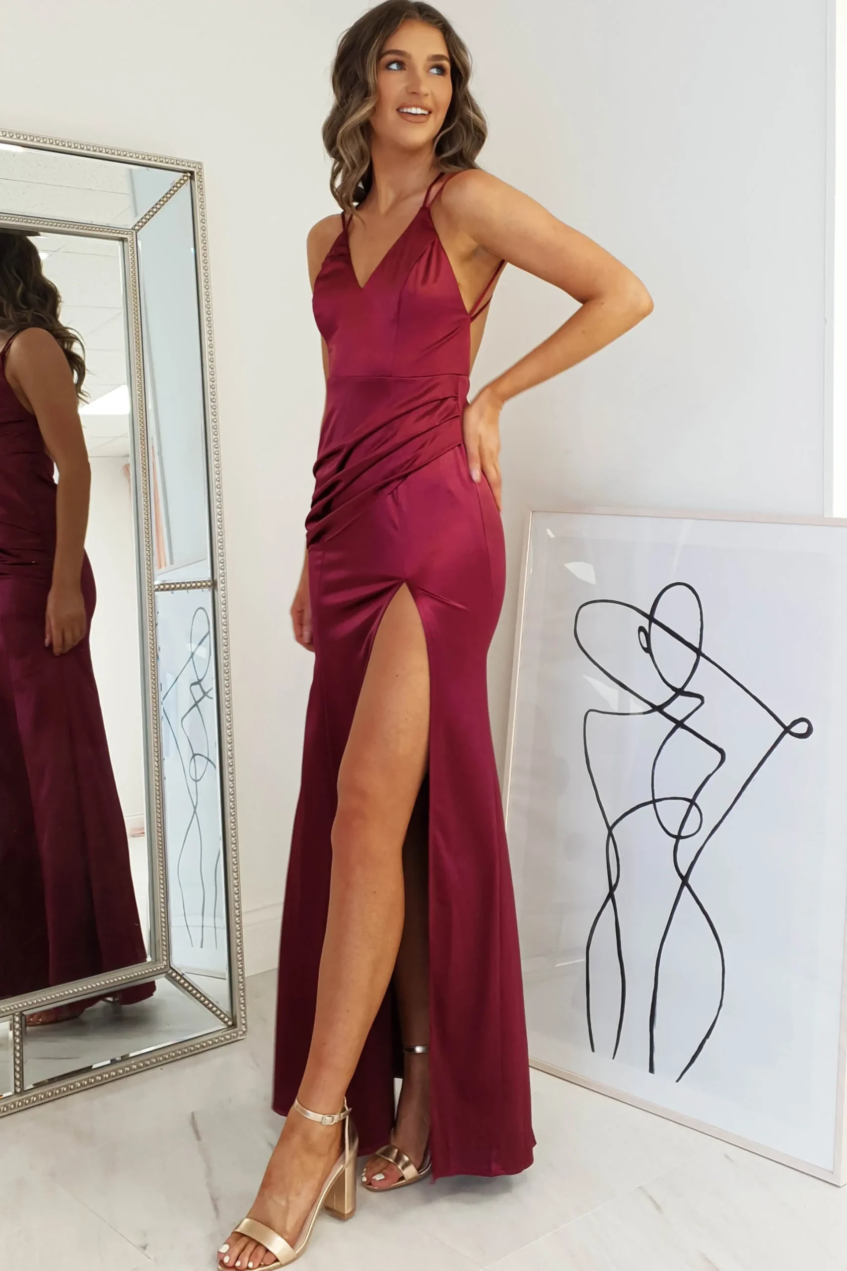 Fashion Simone Satin Gown | Burgundy Sommerkleider|Sommerkleider