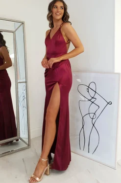 Fashion Simone Satin Gown | Burgundy Sommerkleider|Sommerkleider