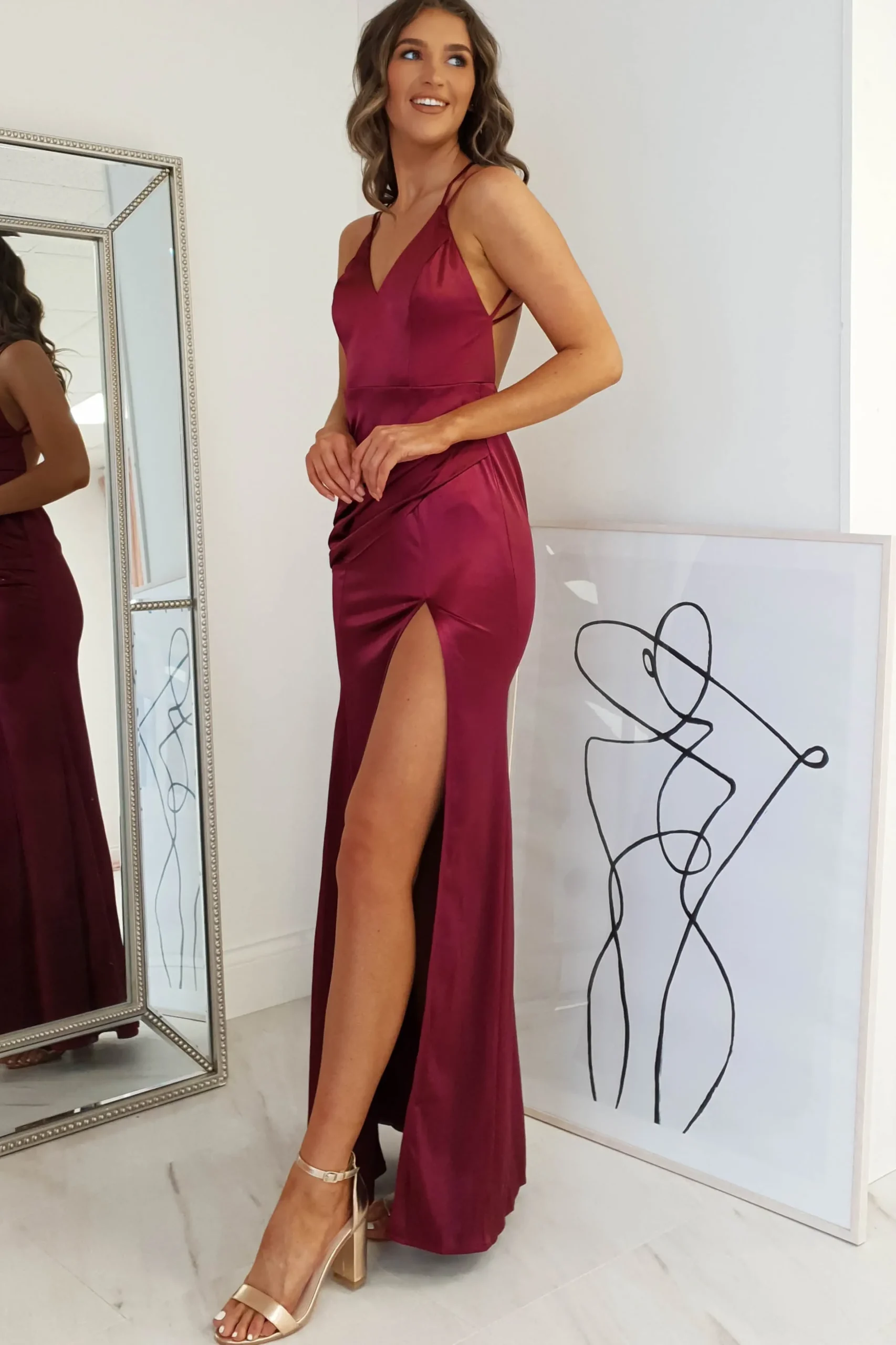 Fashion Simone Satin Gown | Burgundy Sommerkleider|Sommerkleider