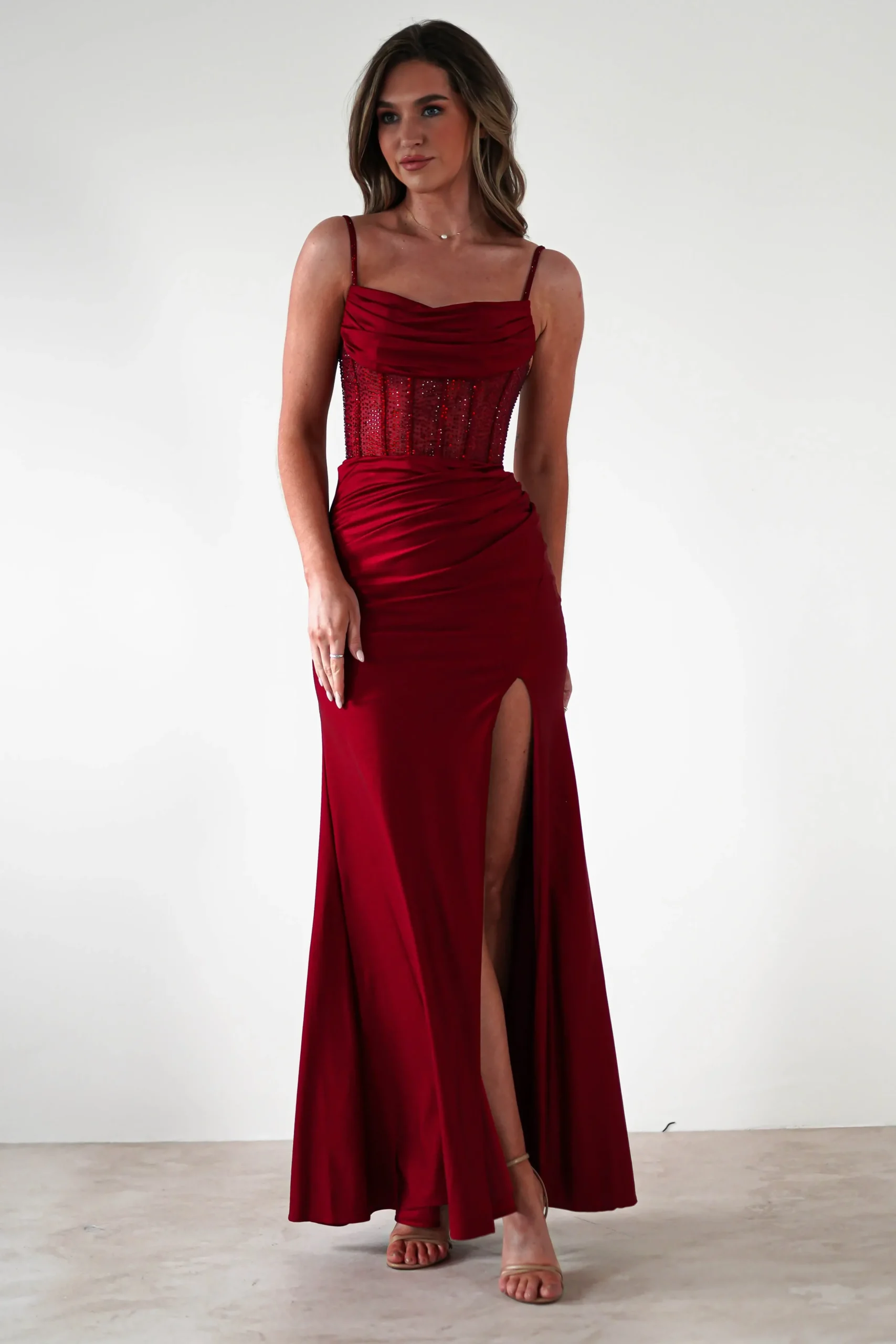 Online Stefani Rhinestone Bodice Gown | Burgundy Sommerkleider|Sommerkleider