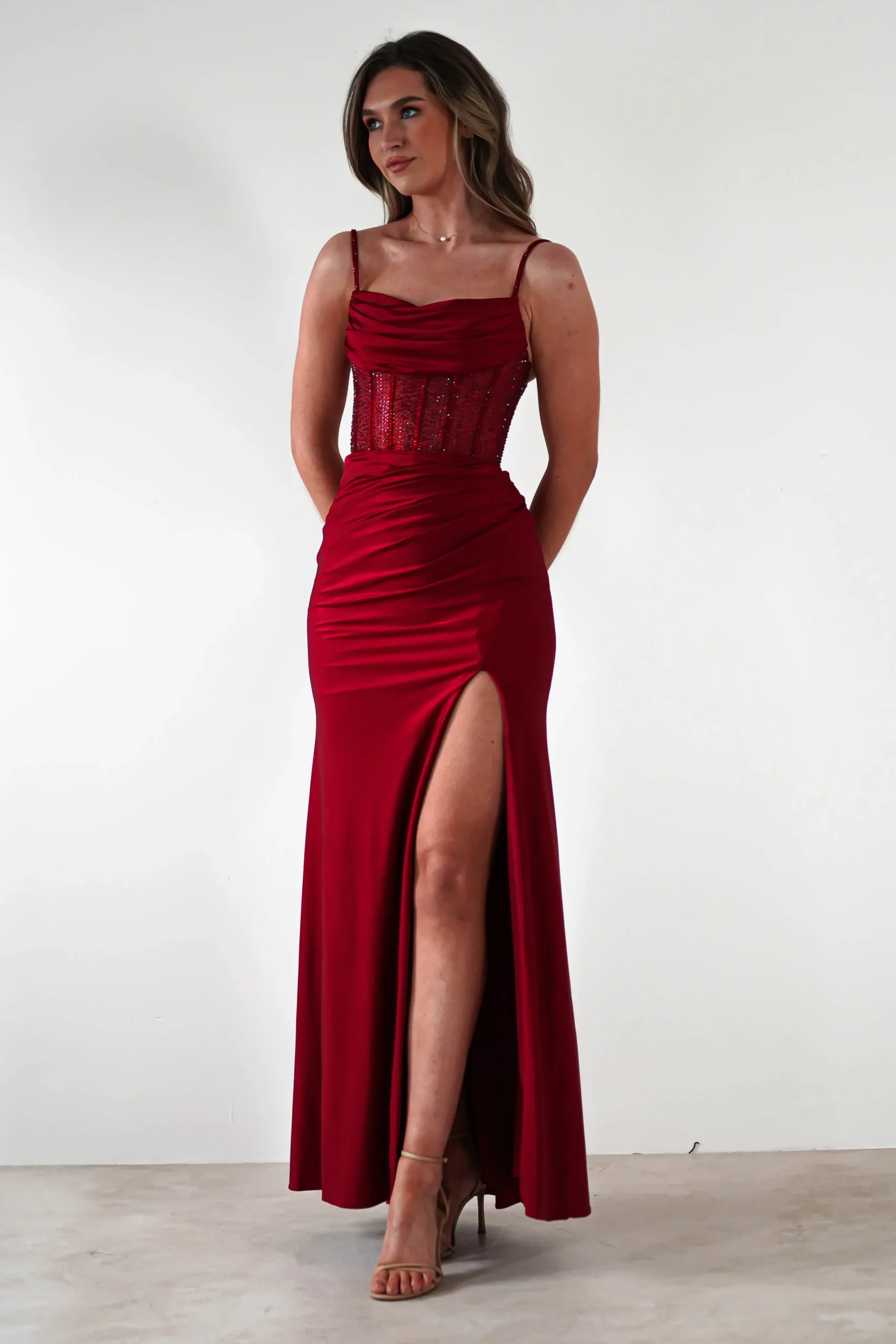 Online Stefani Rhinestone Bodice Gown | Burgundy Sommerkleider|Sommerkleider