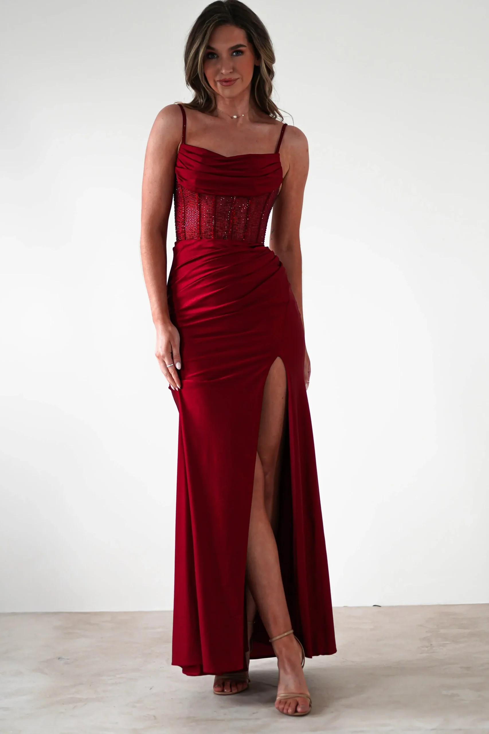 Online Stefani Rhinestone Bodice Gown | Burgundy Sommerkleider|Sommerkleider