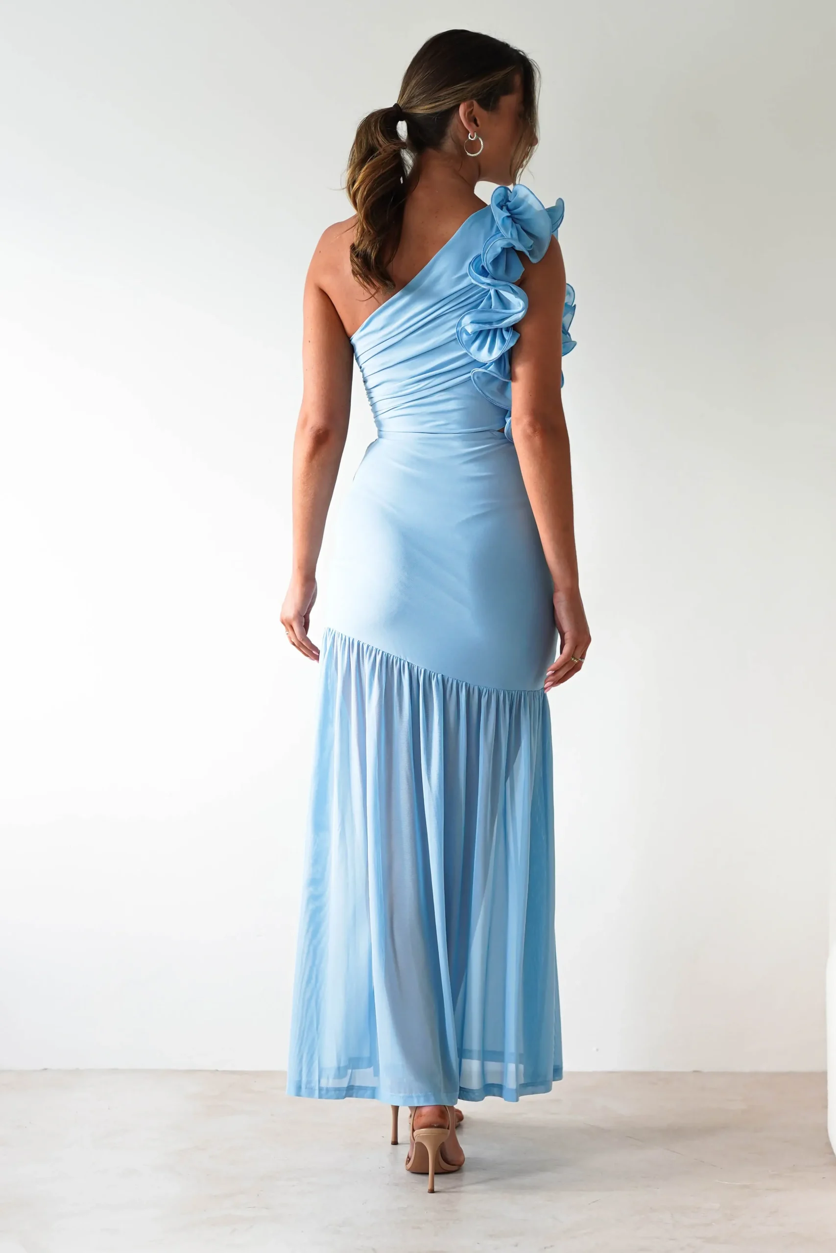 Best Stephanie Mesh Ruffle Maxi Dress | Blue Lange Kleider|Maxikleider