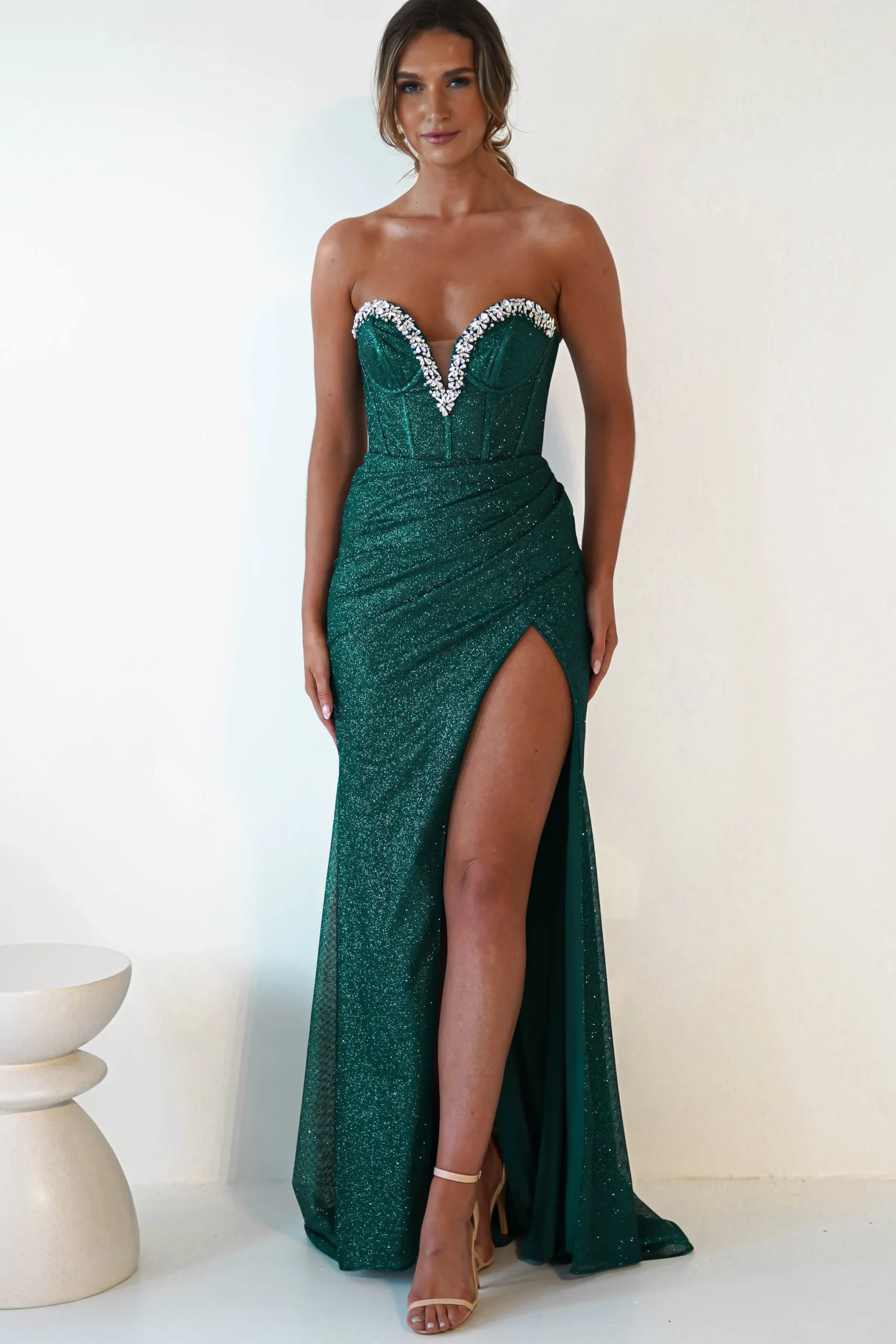 New Stephanie Strapless Glitter Gown | Emerald Green Sommerkleider|Sommerkleider