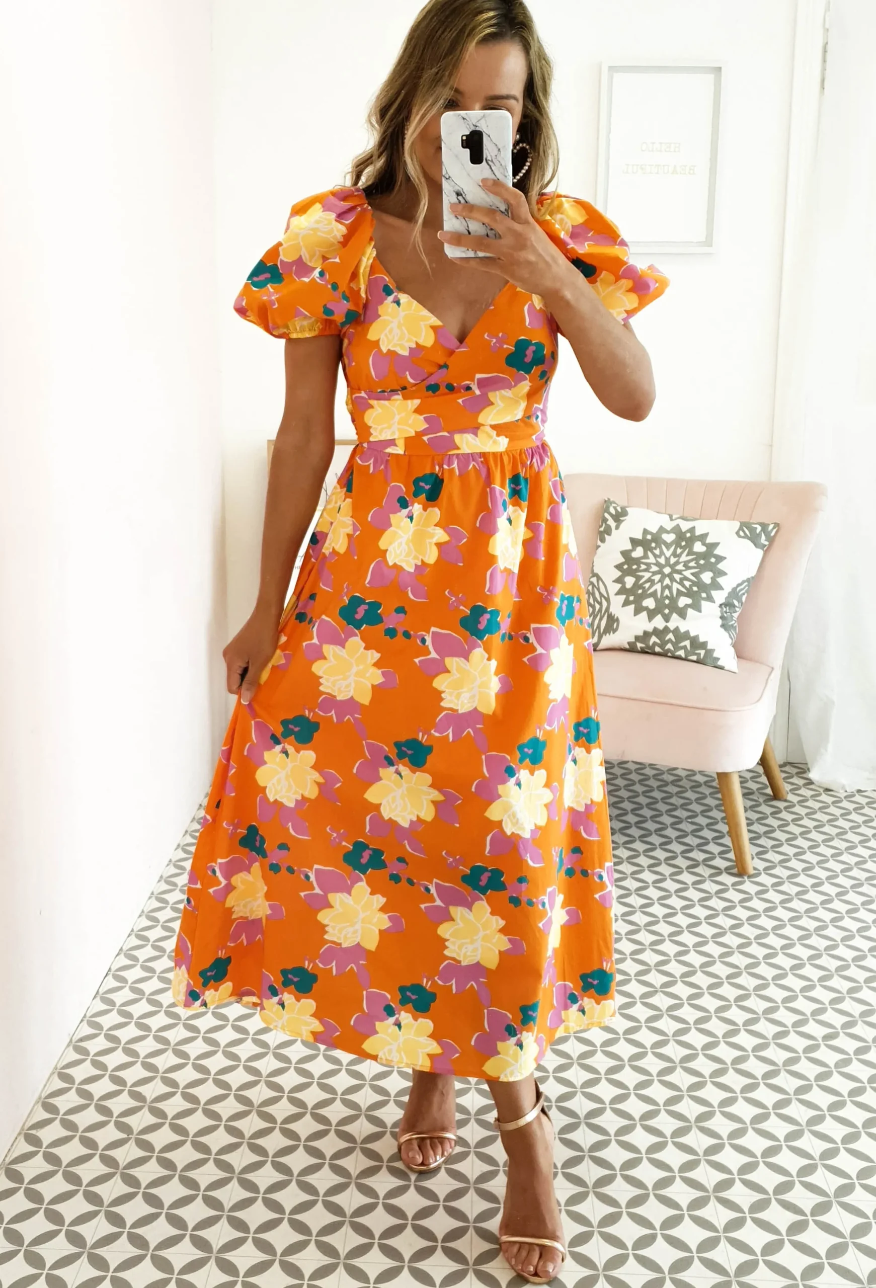 Best Sweet Flower Midi Dress | Orange Mittellange Kleider|Midi-kleider