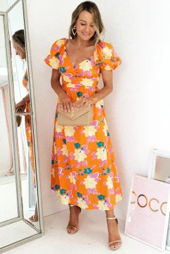 Best Sweet Flower Midi Dress | Orange Mittellange Kleider|Midi-kleider