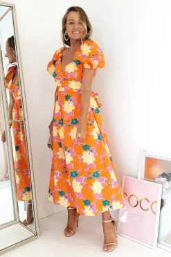 Best Sweet Flower Midi Dress | Orange Mittellange Kleider|Midi-kleider