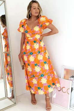 Best Sweet Flower Midi Dress | Orange Mittellange Kleider|Midi-kleider