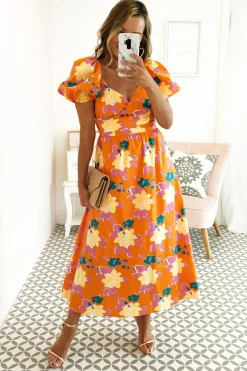 Best Sweet Flower Midi Dress | Orange Mittellange Kleider|Midi-kleider