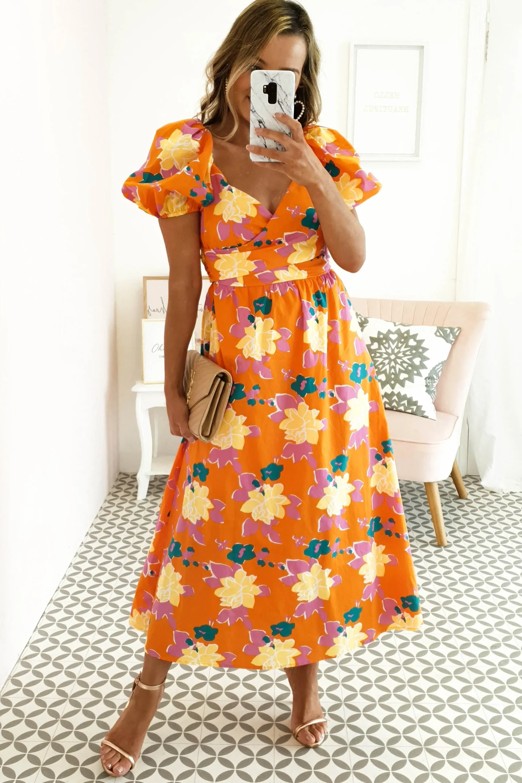 Best Sweet Flower Midi Dress | Orange Mittellange Kleider|Midi-kleider