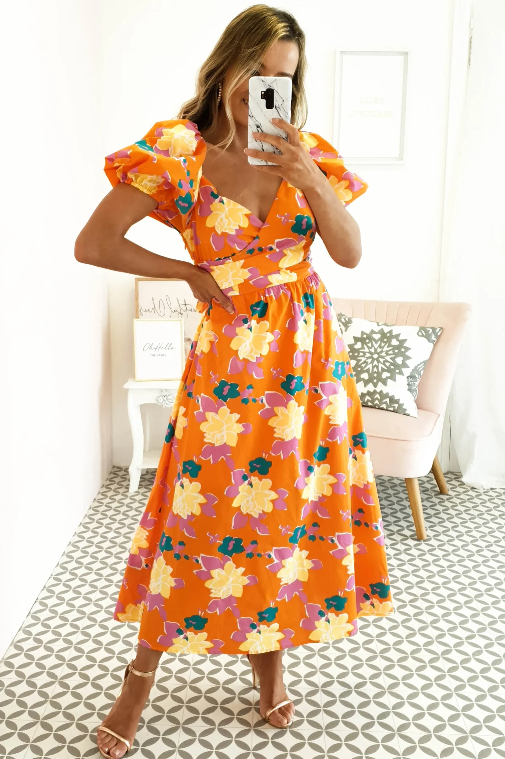 Best Sweet Flower Midi Dress | Orange Mittellange Kleider|Midi-kleider
