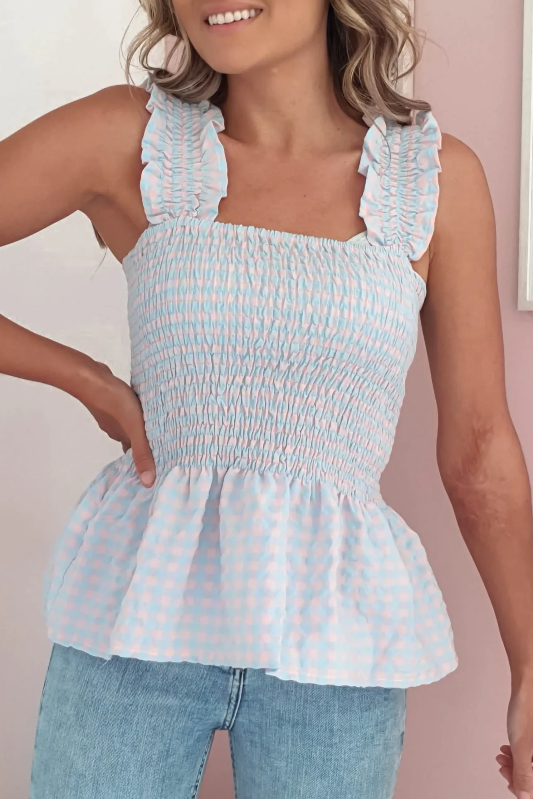 Fashion Tammy Gingham Peplum Top Kleider In Minilänge|Minikleider