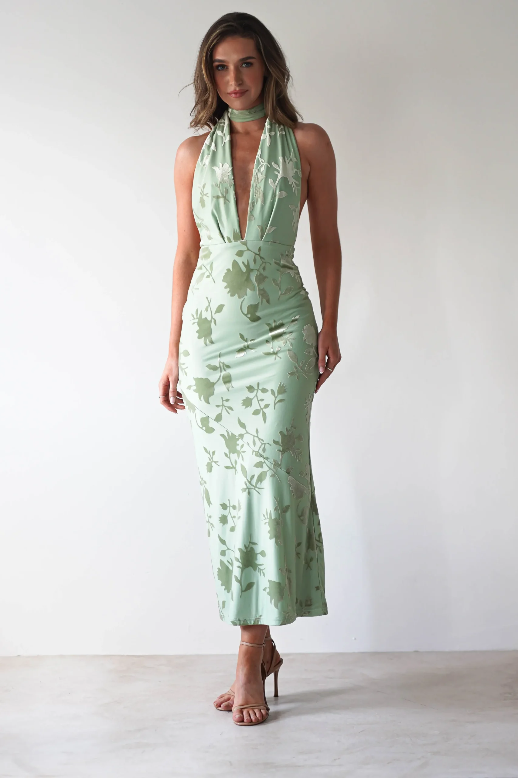Fashion Tara Floral Jacquard Maxi Dress | Light Green Mittellange Kleider|Midi-kleider