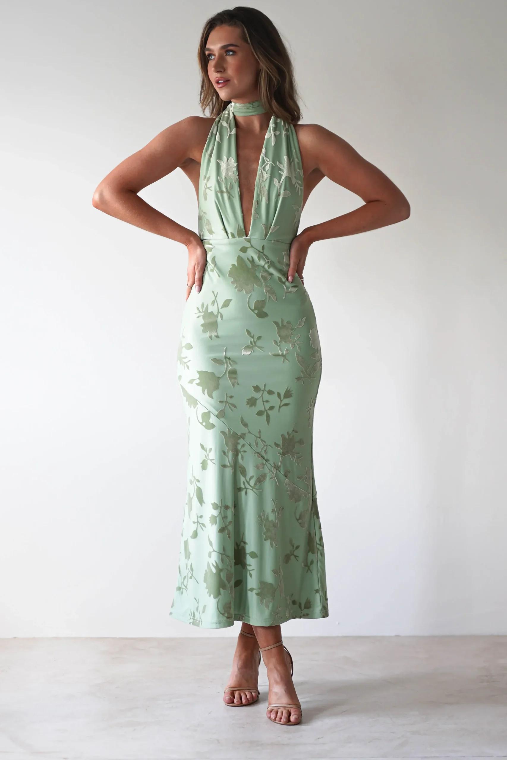 Fashion Tara Floral Jacquard Maxi Dress | Light Green Mittellange Kleider|Midi-kleider