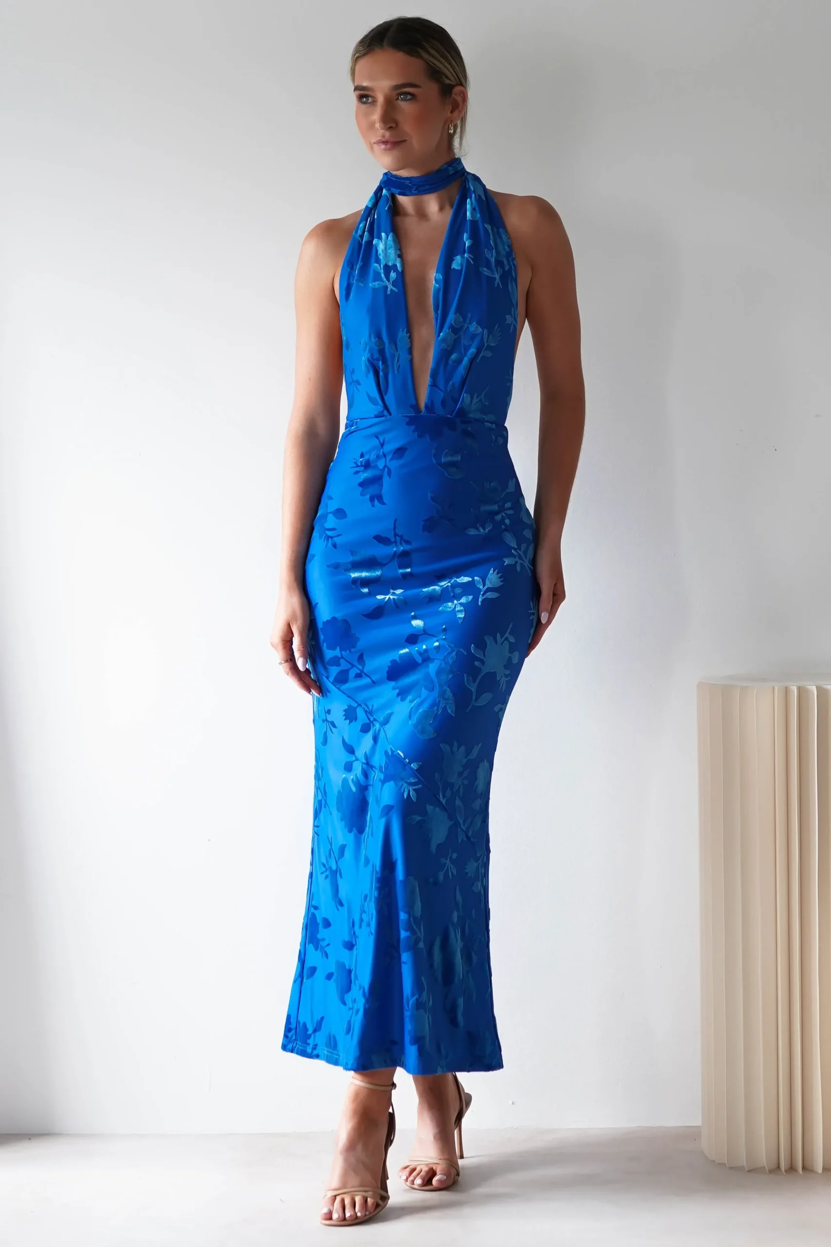 Clearance Tara Floral Jacquard Maxi Dress | Royal Blue Lange Kleider|Maxikleider