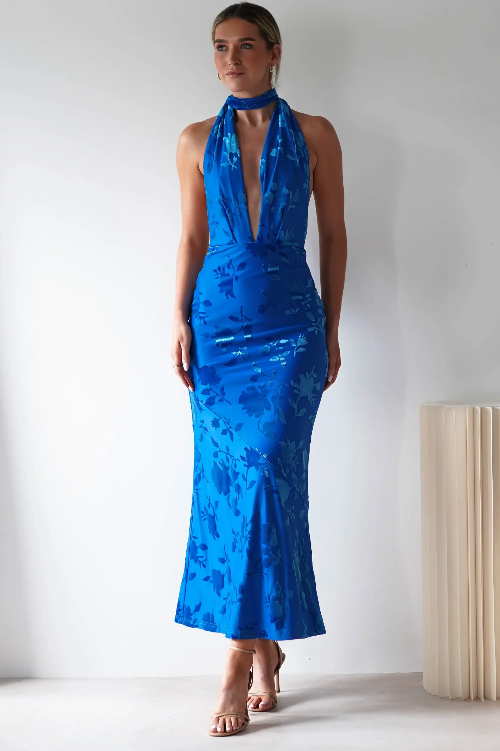 Clearance Tara Floral Jacquard Maxi Dress | Royal Blue Lange Kleider|Maxikleider