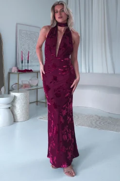 Clearance Tara Floral Jacquard Maxi Dress | Wine Lange Kleider|Maxikleider