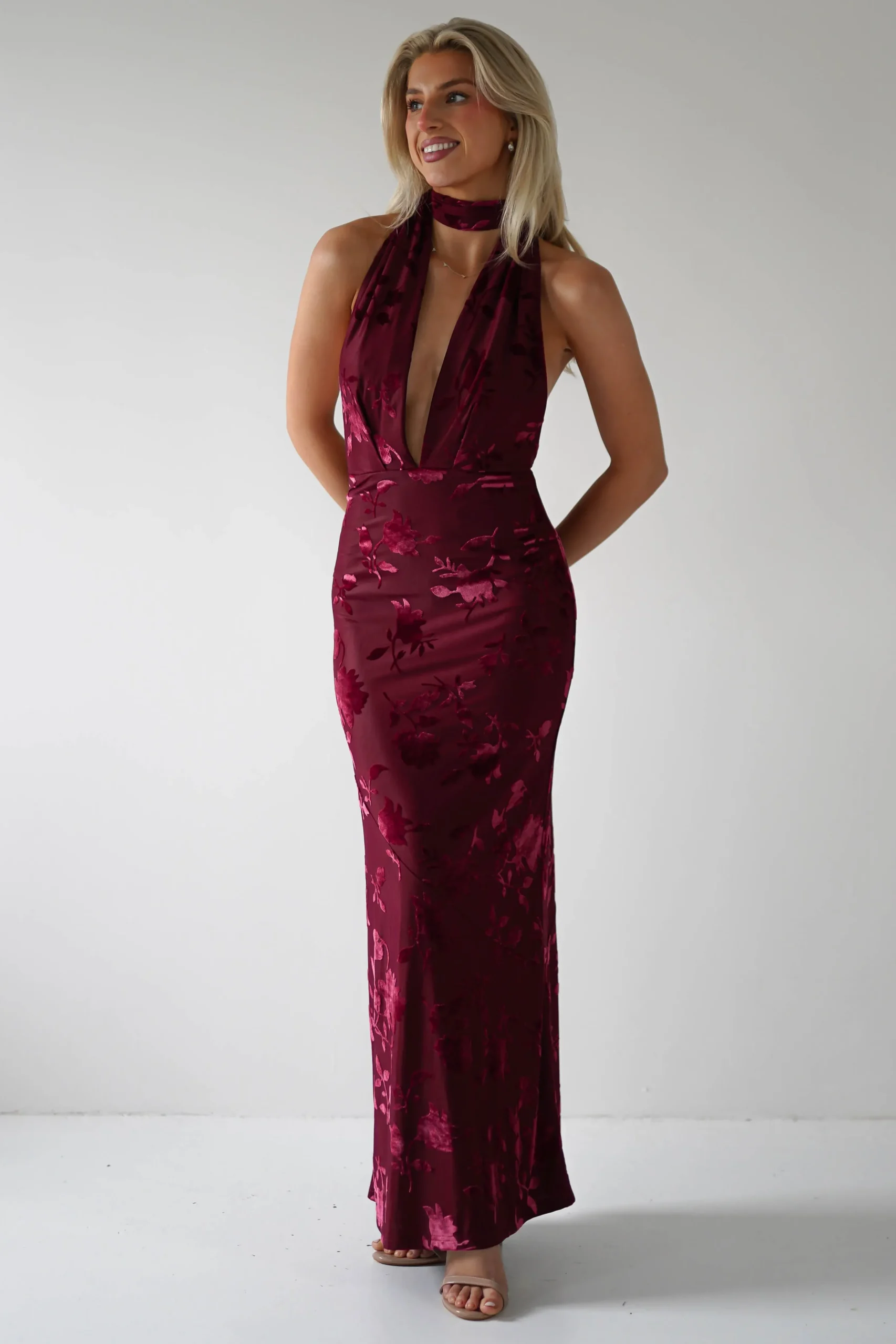 Clearance Tara Floral Jacquard Maxi Dress | Wine Lange Kleider|Maxikleider