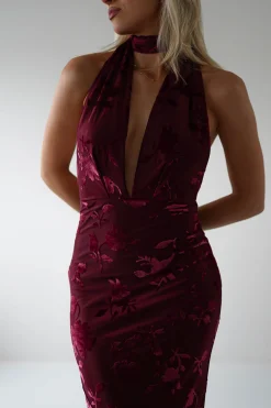 Clearance Tara Floral Jacquard Maxi Dress | Wine Lange Kleider|Maxikleider