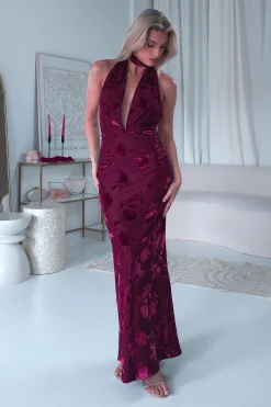 Clearance Tara Floral Jacquard Maxi Dress | Wine Lange Kleider|Maxikleider