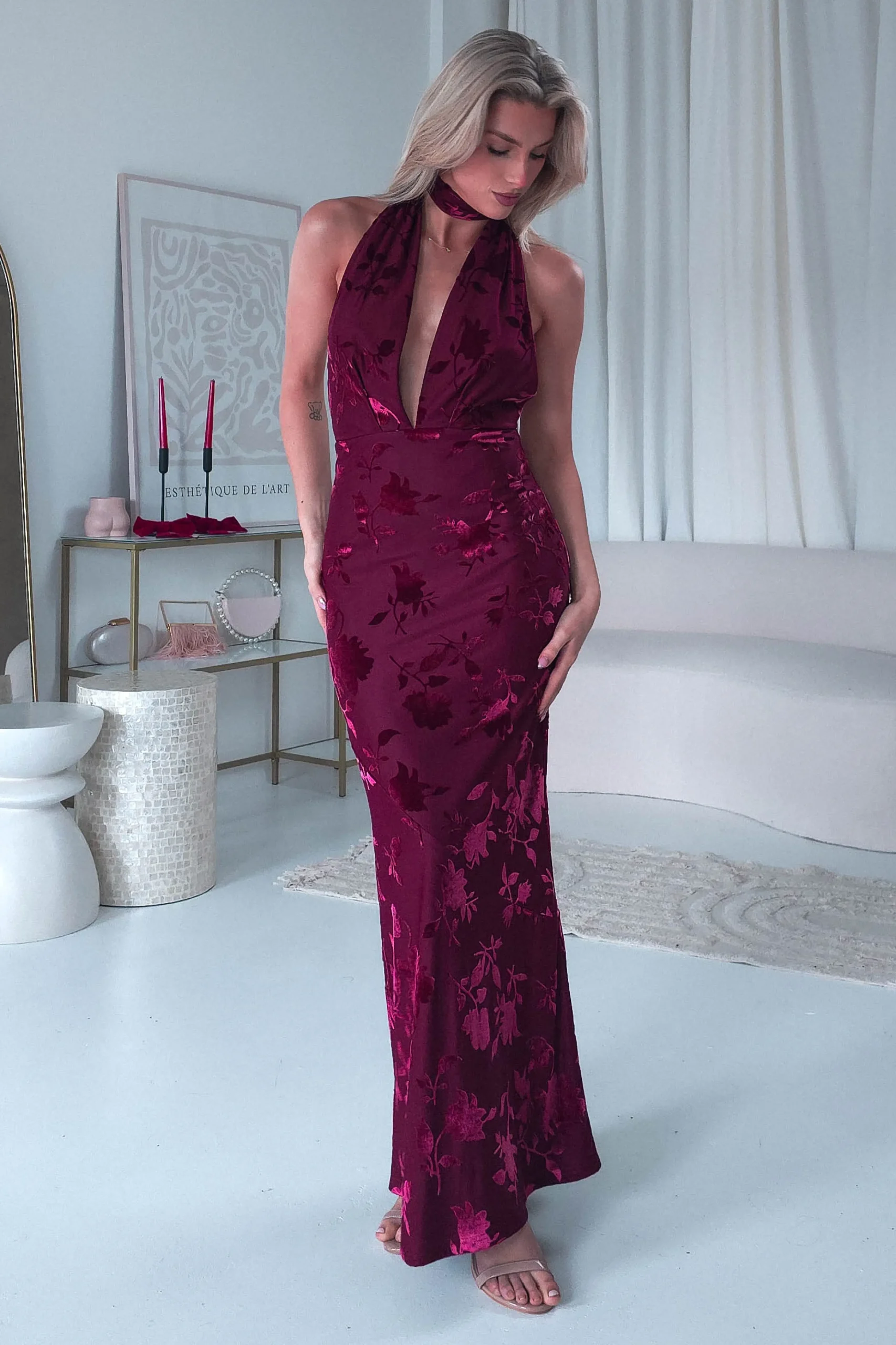 Clearance Tara Floral Jacquard Maxi Dress | Wine Lange Kleider|Maxikleider
