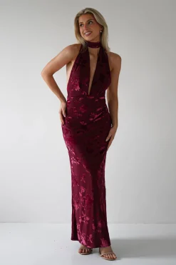 Clearance Tara Floral Jacquard Maxi Dress | Wine Lange Kleider|Maxikleider