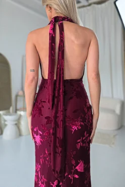 Clearance Tara Floral Jacquard Maxi Dress | Wine Lange Kleider|Maxikleider