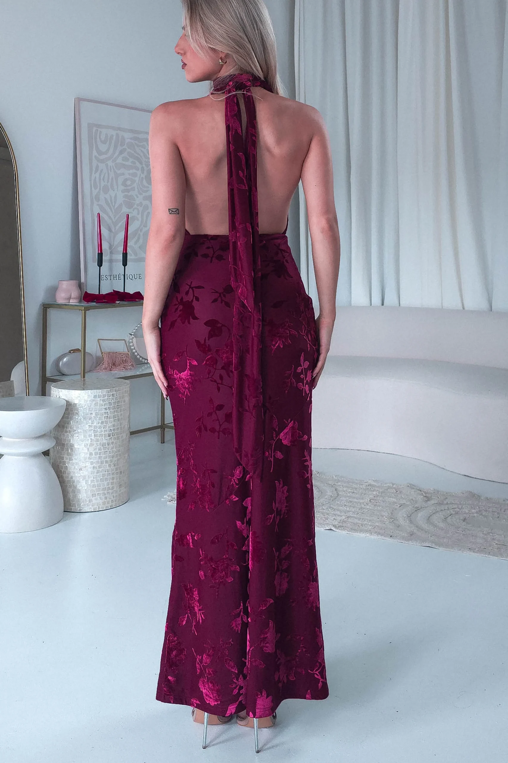 Clearance Tara Floral Jacquard Maxi Dress | Wine Lange Kleider|Maxikleider