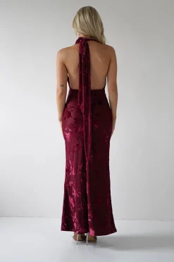 Clearance Tara Floral Jacquard Maxi Dress | Wine Lange Kleider|Maxikleider