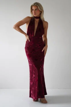 Clearance Tara Floral Jacquard Maxi Dress | Wine Lange Kleider|Maxikleider