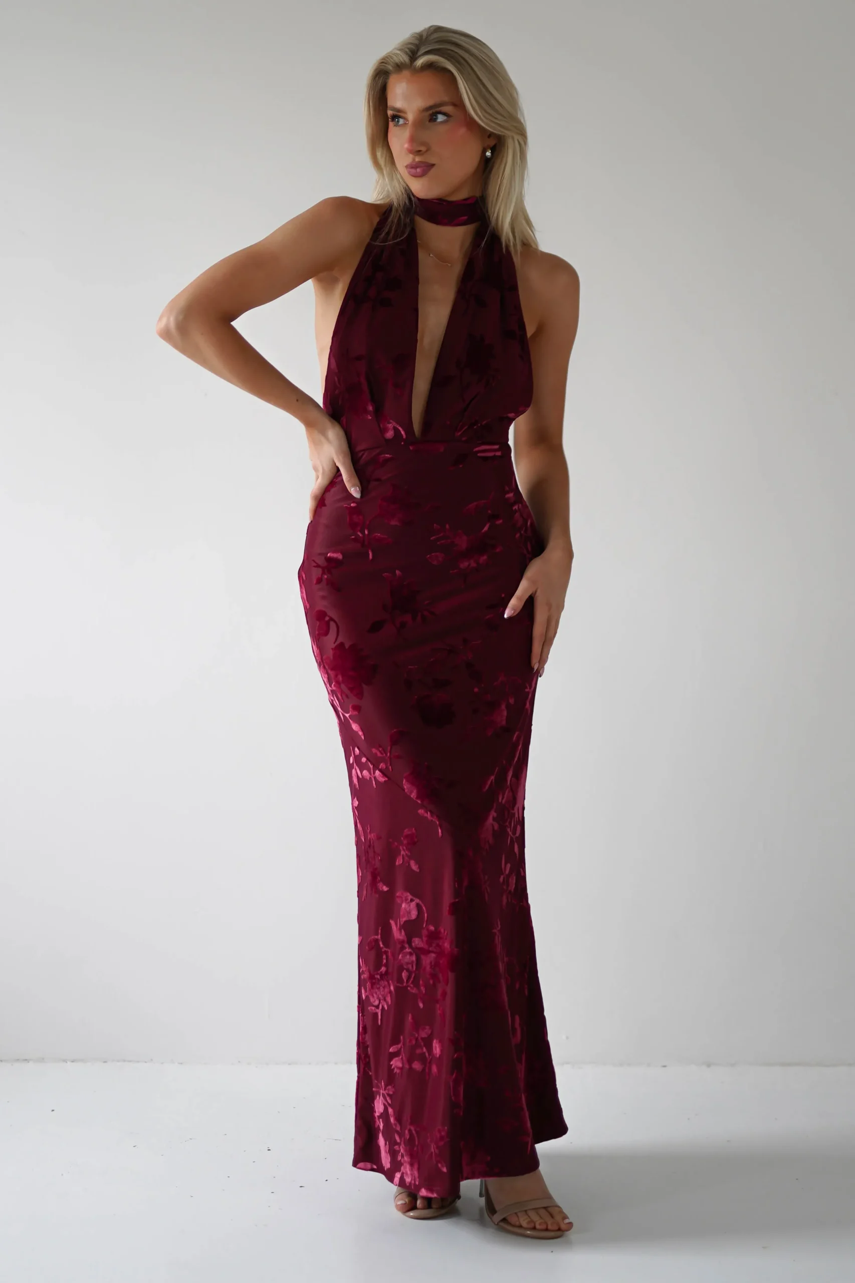 Clearance Tara Floral Jacquard Maxi Dress | Wine Lange Kleider|Maxikleider
