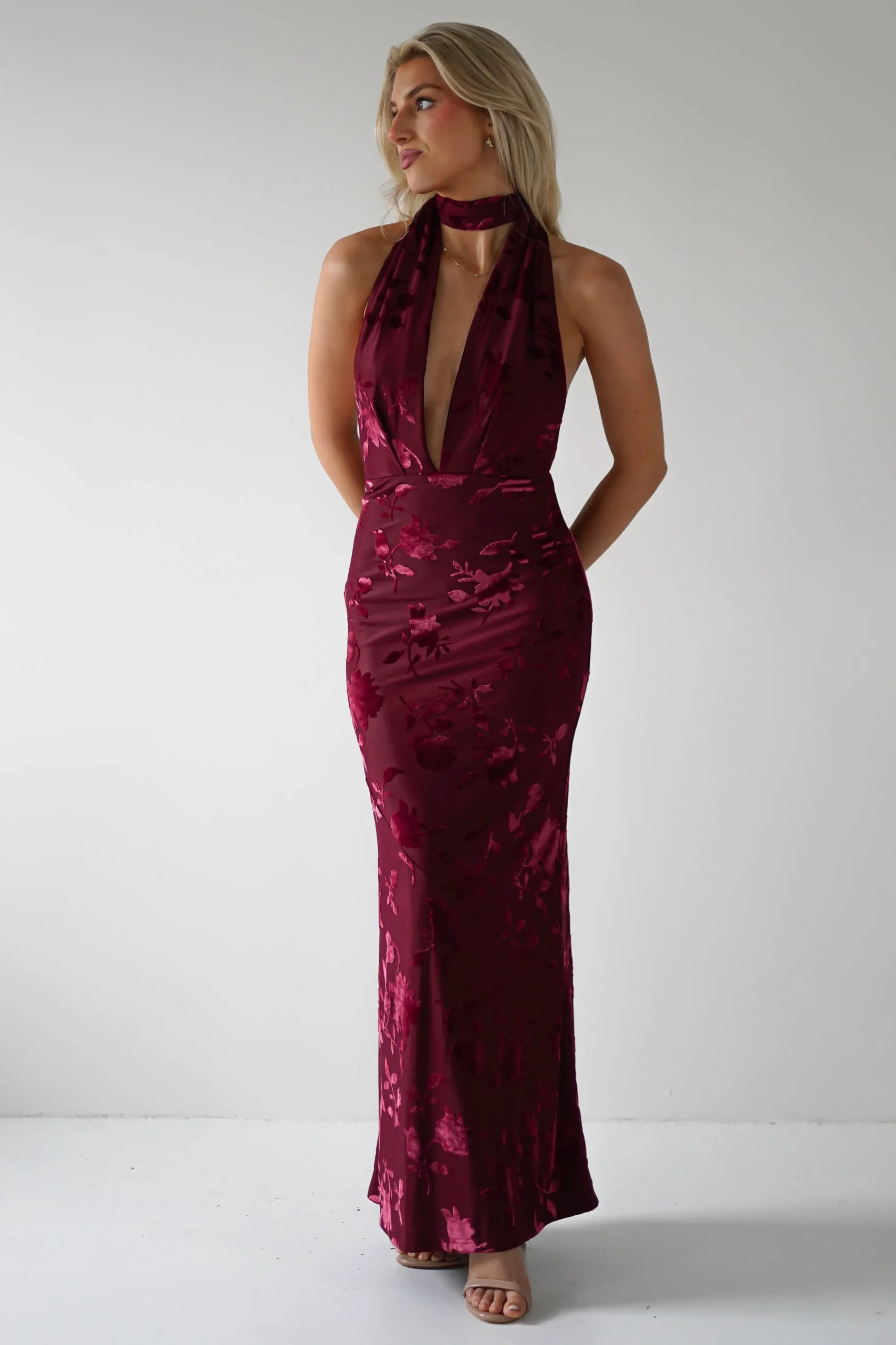 Clearance Tara Floral Jacquard Maxi Dress | Wine Lange Kleider|Maxikleider