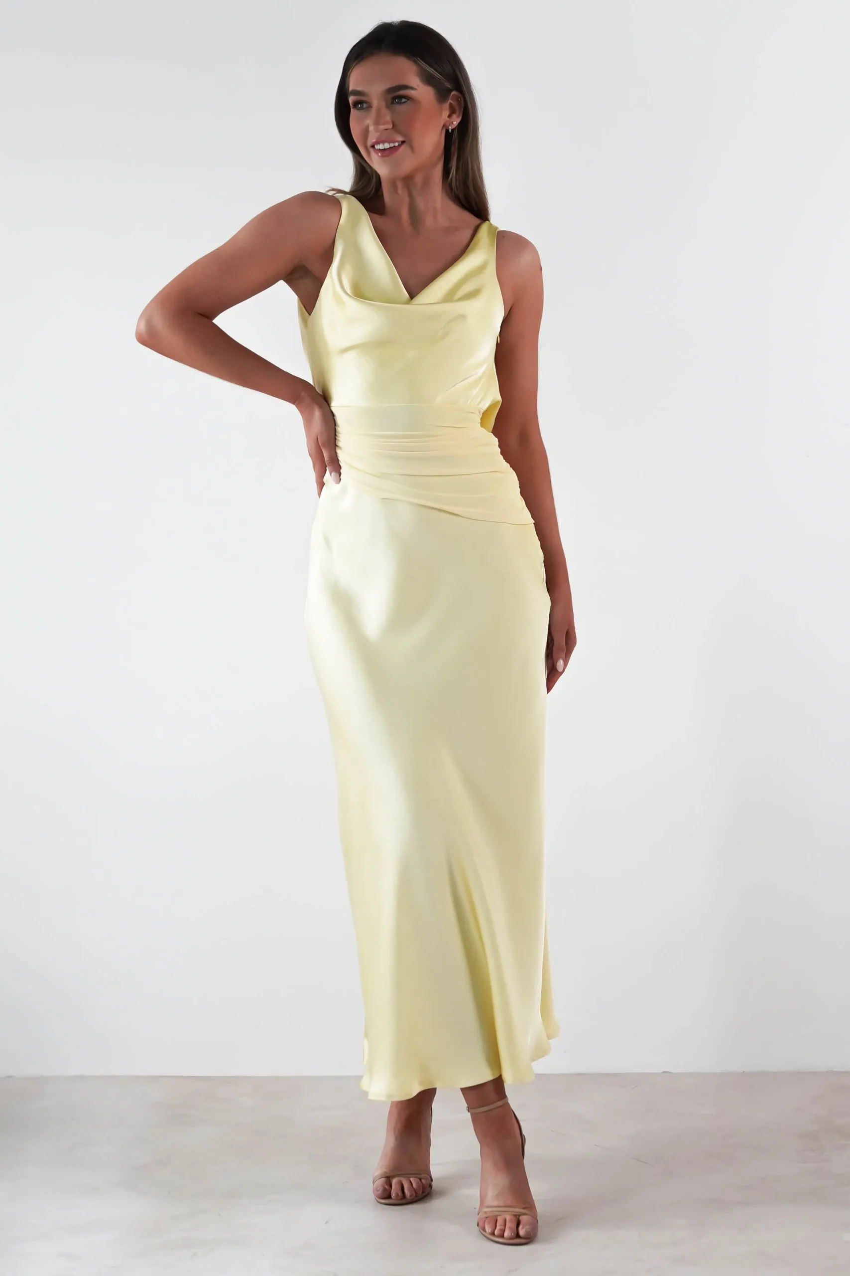 Hot Thea Mesh Midriff Soft Satin Maxi Dress | Yellow Lange Kleider|Maxikleider